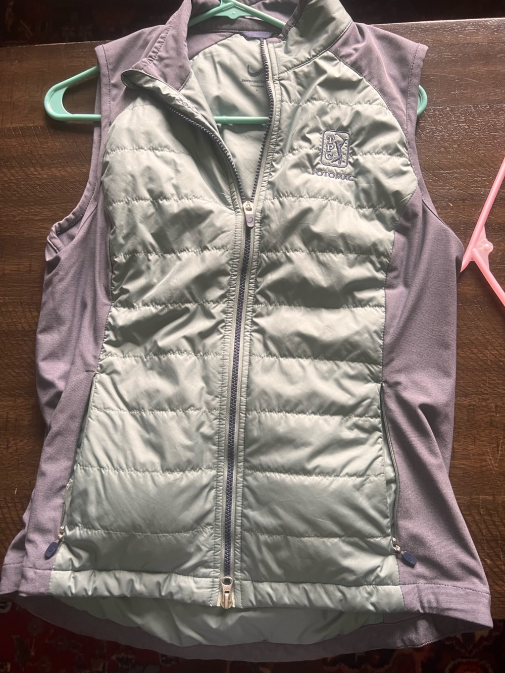 Light Green and Lavender Quilted Puffer Vest TPC Potomac logo